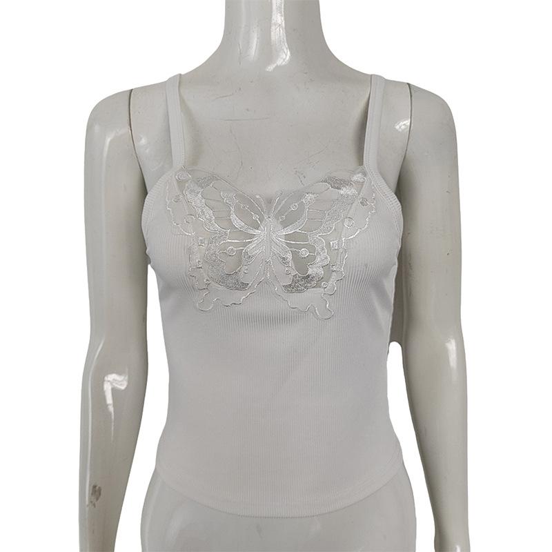 Spot new European and American style women's clothing, sling vest, splicing butterfly mesh yarn, ultra-short open-navel sexy babes wholesale