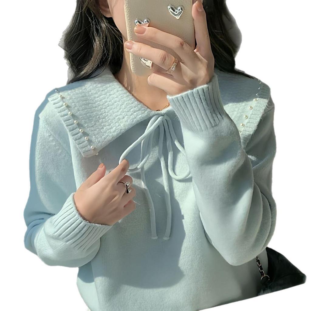 Gentle Style Milk-Toned Soft Pullover with Lapel and Lace-Up Design for Women