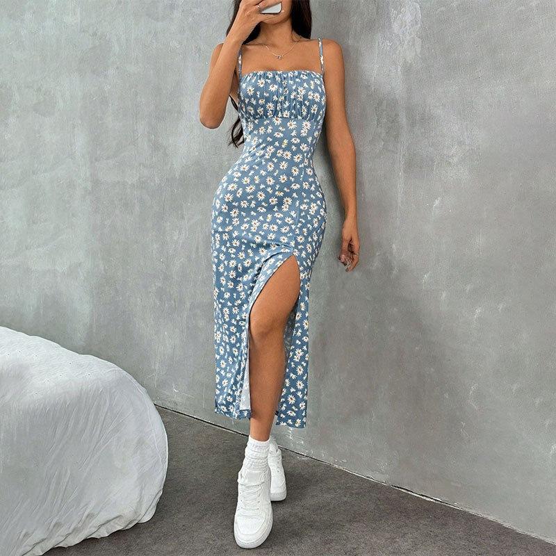 2026 spring and autumn new suspender skirt slit small daisy hip skirt printed medium and long dress S