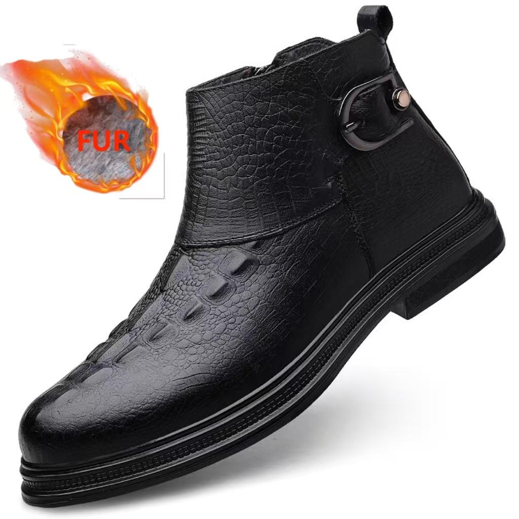 Fashion Luxury Brand Genuine Leather Business Boots Fashionable Crocodile Patterned Men's High Top Boots Comfort Winter Plush Warm Boots