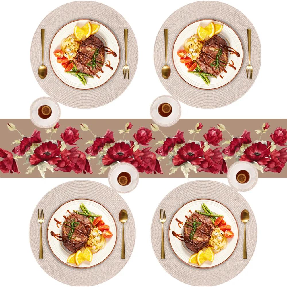Sets 6 Woven Table Placemats and Coaster 34CM Round Cotton Dinner Table Mats Anti Slip Heat Resistant Easy Clean Place Mats