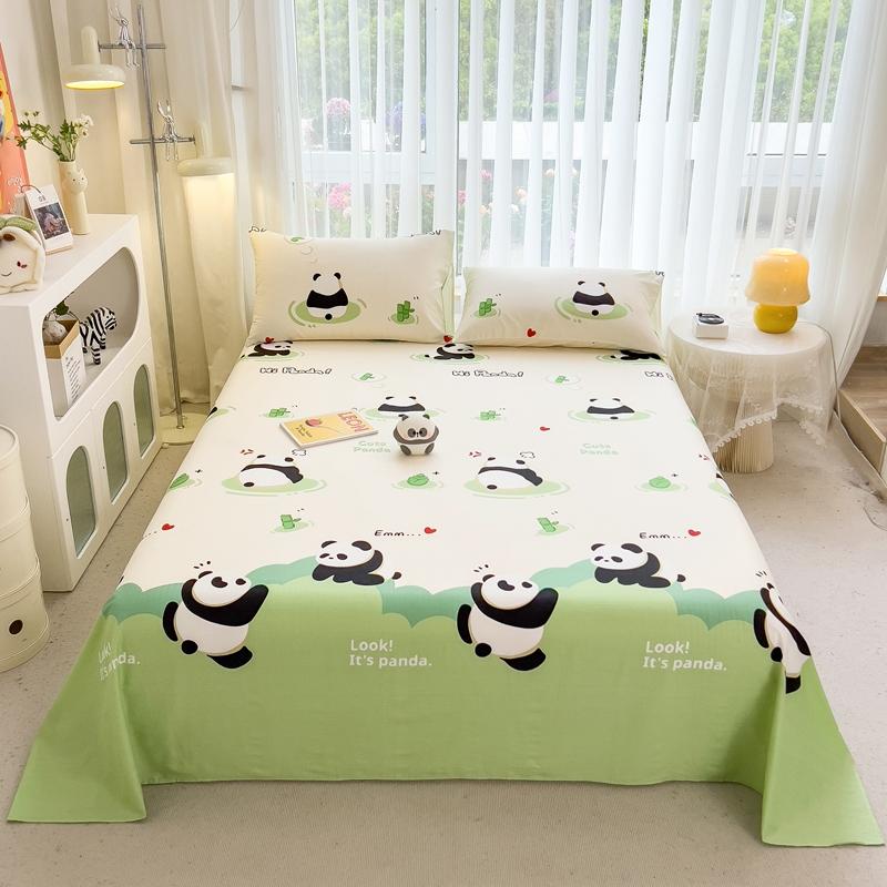 Cute Cartoon Panda Flat Sheet Kawaii Strawberry Bed Sheet Set For Girls Boys Room Decor, Cotton Twin Bed Cover With 2 Pillowcase