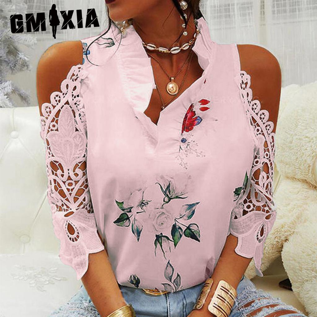 GMXIA Summer Women's Top Floral Print Off-the-shoulder Lace Patchwork Long-sleeved T-shirt for Women