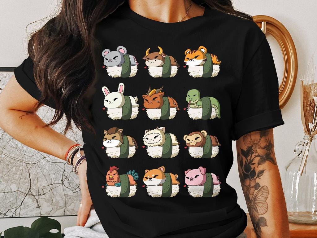 Cute Chinese Zodiac Animal Sushi T-Shirt, Lunar New Year Celebration Tee, Cute Zodiac Sign Shirt