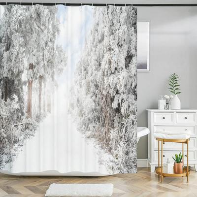 Snow Cedar Scenery Printed Shower Curtain Christmas Bath Curtain Waterproof Fabric Bathroom Curtain with Hook for Home Decor