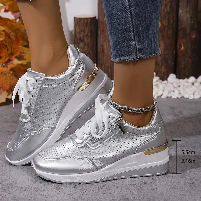 

Fashion Plus Size Fashion Wedge Sneakers for Women 2025 Autumn Comfort Casual Sports Shoes Woman Gold Silver Thick Sole Running Sneakers 37