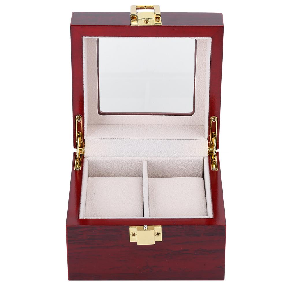 Wooden 2 Grid Watch Display Box Transparent Window Watch Storage Box (Red)