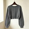 Damen Ärmel Cropped Pullover - Farbe Rundhals Lässiges Oberteil