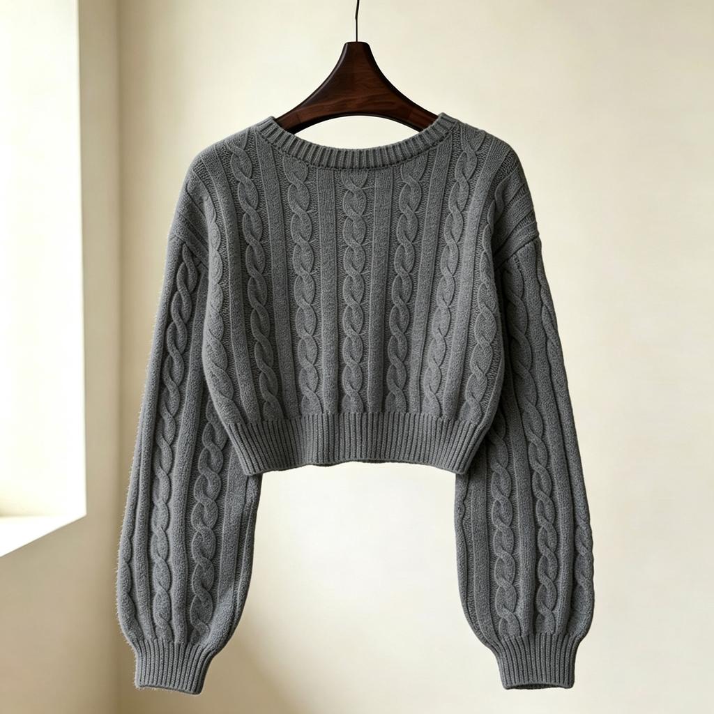 Damen Ärmel Cropped Pullover - Farbe Rundhals Lässiges Oberteil