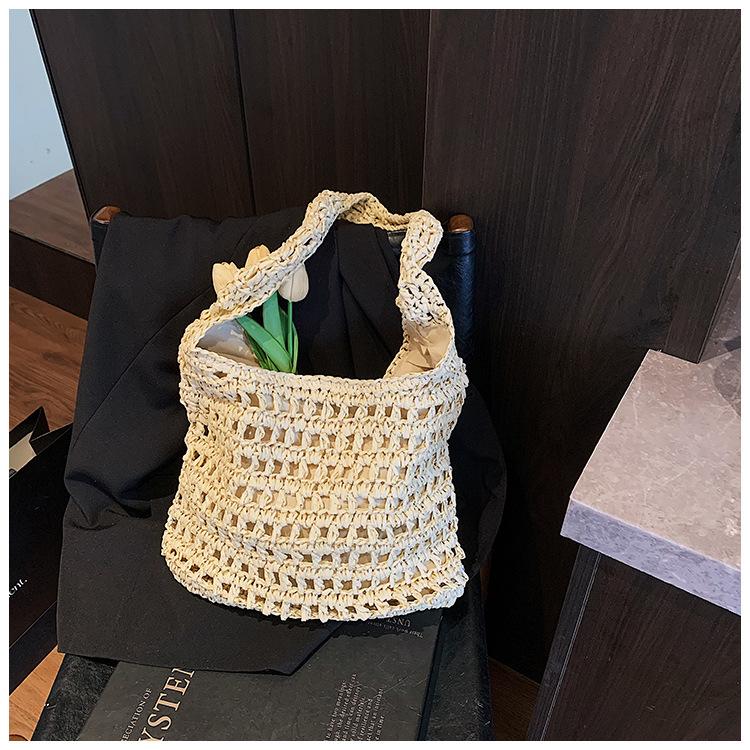 Large Capacity Shoulder Straw Bag New Hollow Tote Hand Straw Bag Woven Bag Seaside Vacation Beach Bag