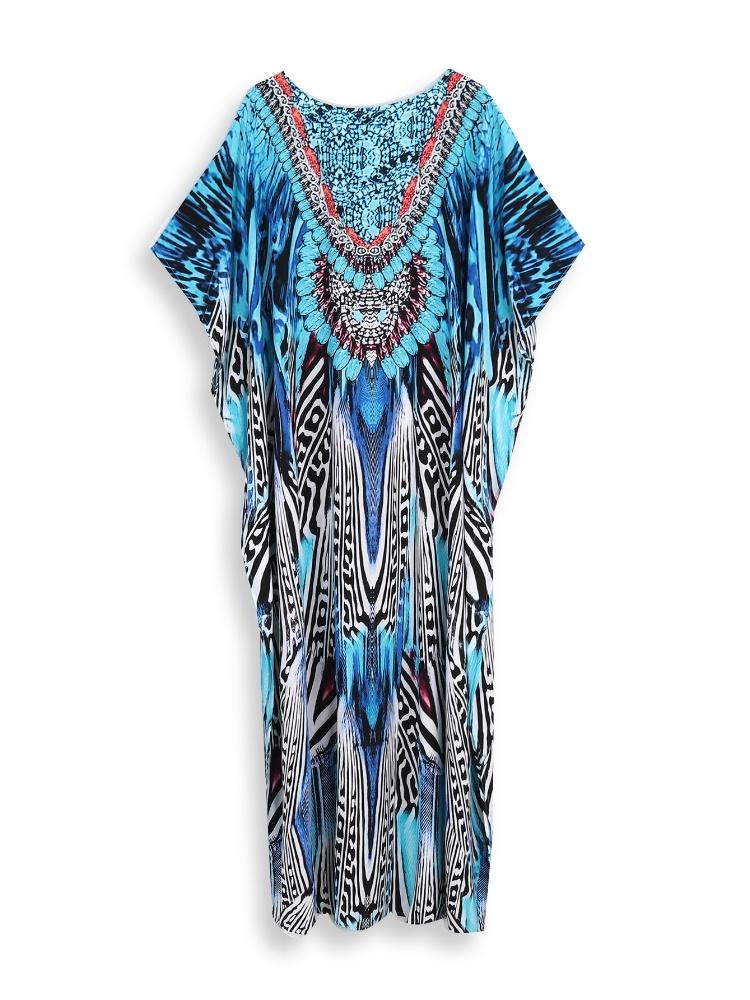 EDOLYNSA Niebieska damska długa sukienka Kaftan w stylu boho, oversize, wakacje na plaży, gorąco sprzedająca się narzutka na strój kąpielowy, szykowna, oddychająca sukienka domowa