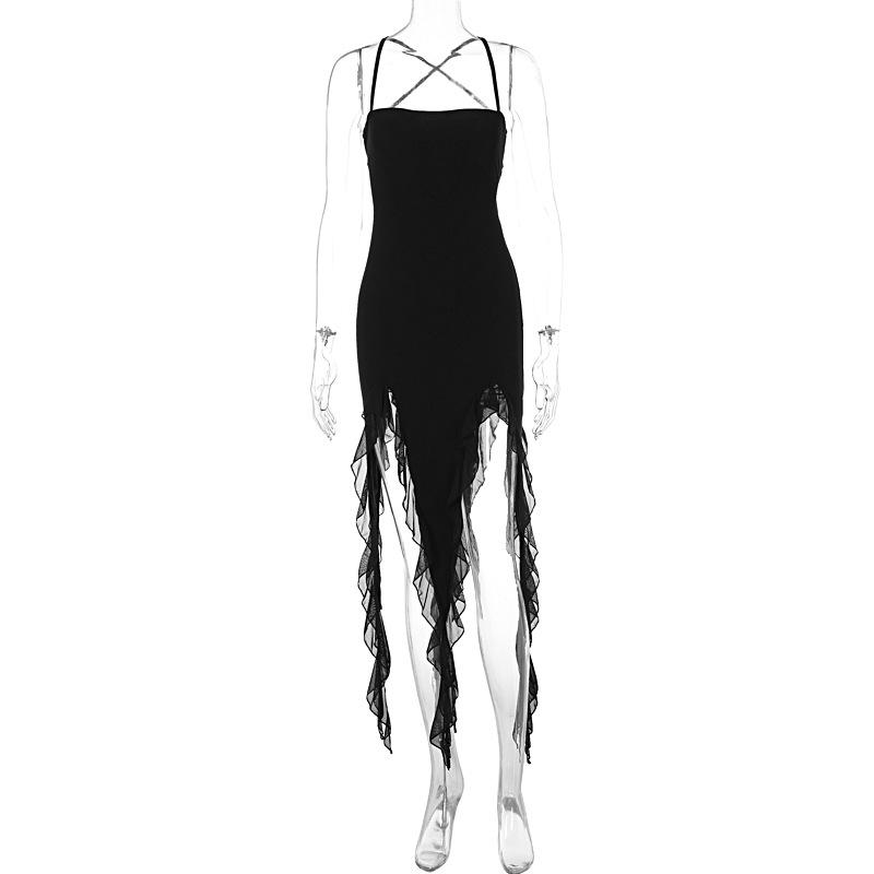 Women European Style Backless Mesh Splicing Ruffled Irregular High Waist Strap Long Dress