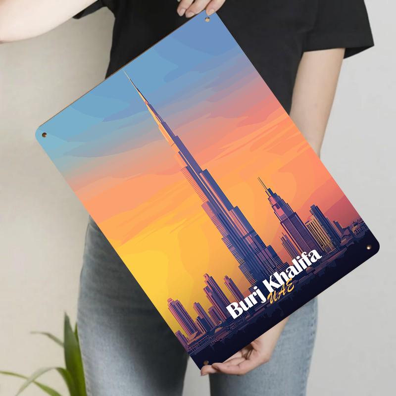 Burj Khalifa Dubai UAE Skyline Metal Wall Art Modern Cityscape Home Decor Painting for Living Room Office Decoration 20x30cm（7.8x11.8inch）