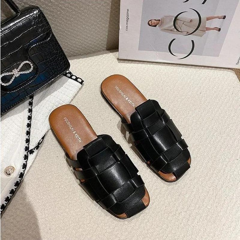 Fashion Leather Shoes for Women Low Heel Sandals Mules Slides Outside Woman Slippers Round Toe Flat Designer Natural Skin B Trend Eva F