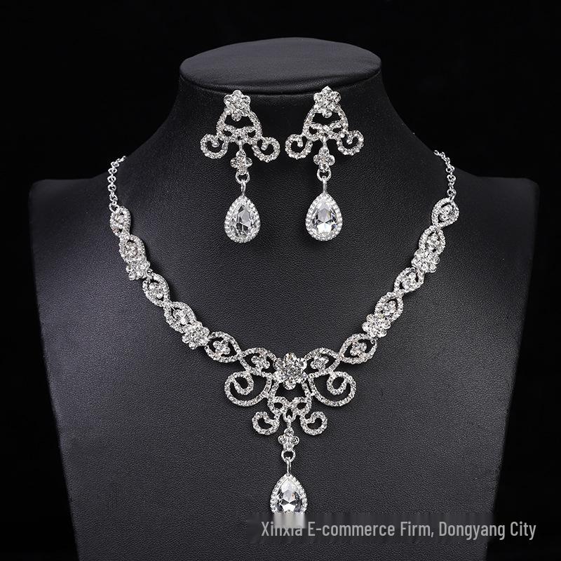Elegant Bride Rhinestone Bow Necklace & Zirconia Stud Earring Set for Weddings