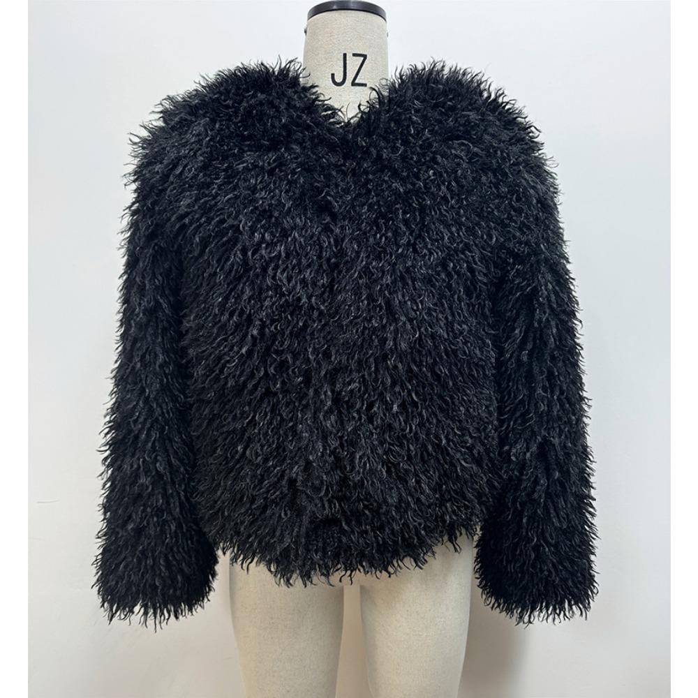Damen Notched Collar Langarm Kunstpelzmantel Lockerer Sitz Ätherisches Fleece Oberbekleidung