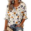 Women's Halloween Print Round Neck Tie Front Ruffle Blouse Three-Quarter Sleeves