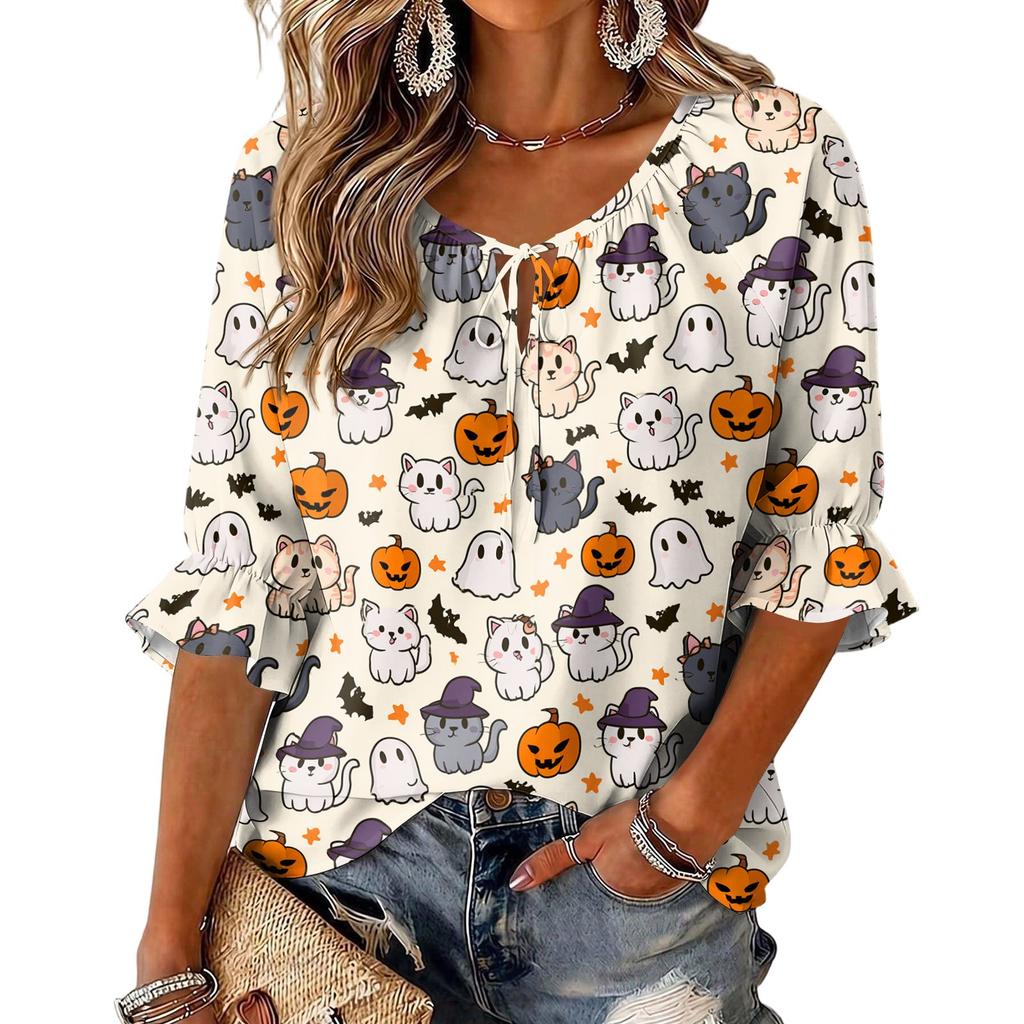 Women's Halloween Print Round Neck Tie Front Ruffle Blouse Three-Quarter Sleeves