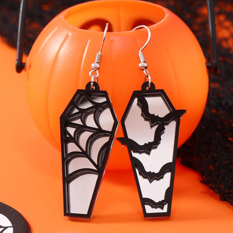 Halloween Retro Acrylic Spider Web & Coffin Bat Earrings