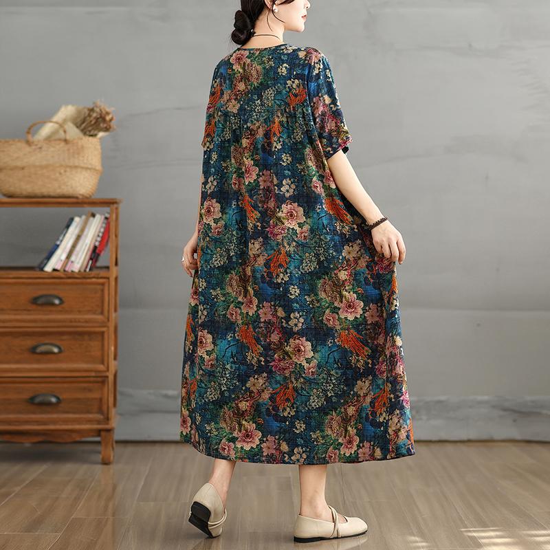 Dimanaf 2025 Summer New Plus Size Vintage Dress Women Casual Long Dress Loose Basic Floral Printing Dress