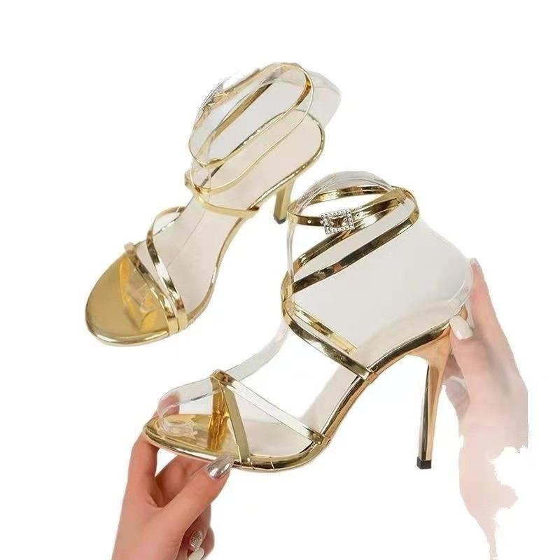 11Cm Gold High Heels Sandals for Women Ankle Cross-Tied Stiletto Heeled Party Shoes Woman Plus Size 35-43 Pointed Toe Sandalias