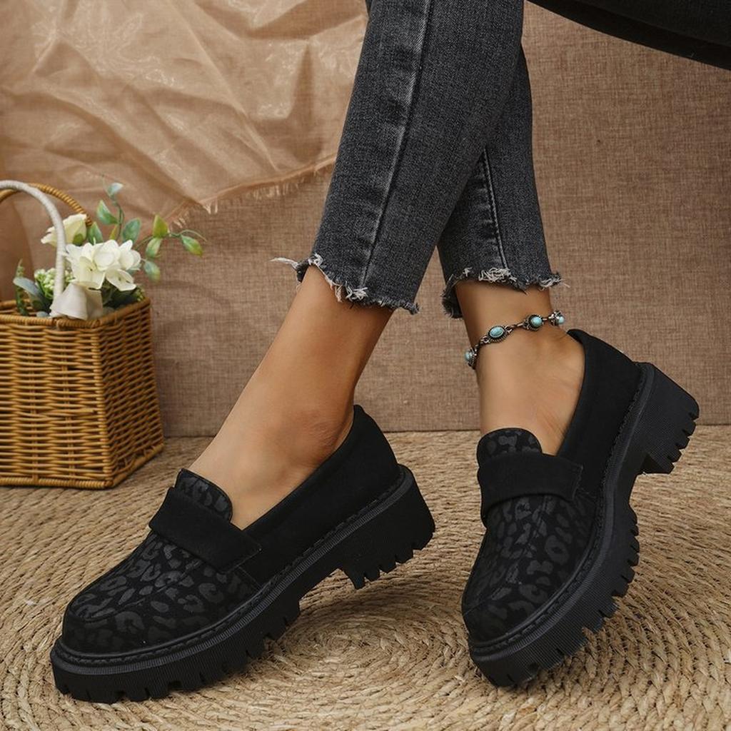 Women's Leopard-Print Suede Block-Heel Loafers, Round Toe - Loafer Elegant Wide Low Heel Business Shoes