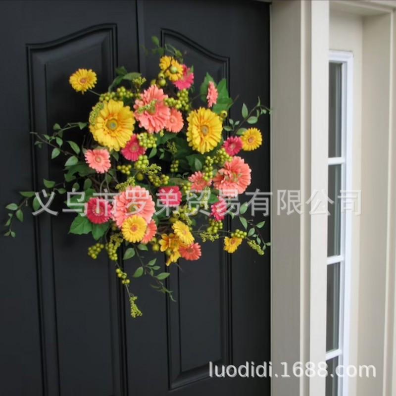 Yellow Daisy Wreath Outdoor Decor Plastic Floral Garland OnCircle 45cm 55cm Rustic Farmhouse Style