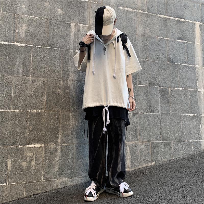 Dark Trendy Oversized Men's Hip-Hop Hooded Short-Sleeve Korean Style T-Shirt