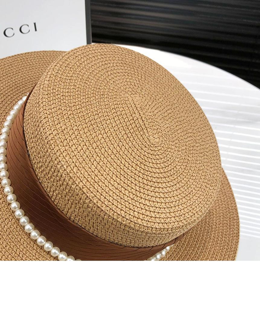 Elegant French-Style Women's Sun Hat | Natural Straw Woven with Pearl Accents | Flat Top Design for UV Protection Beach Hat