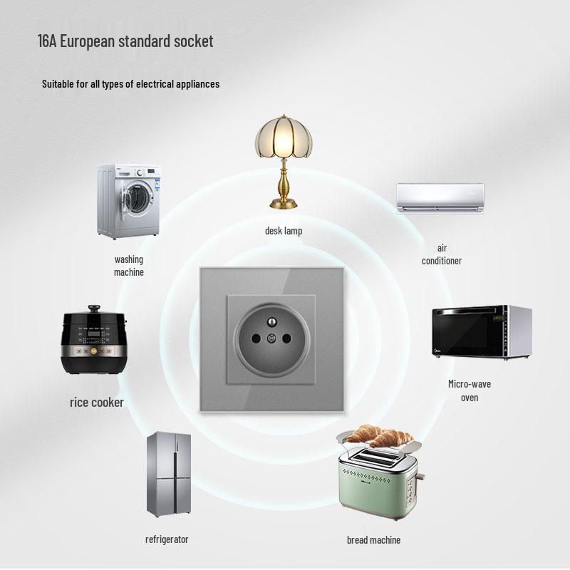 European Standard 86 Type French Socket Wall Power Supply 16A Tempered Glass Panel