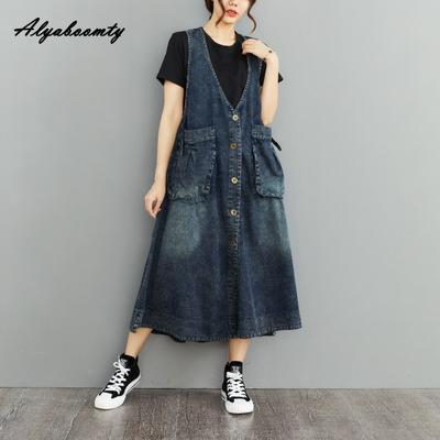 Korean Style Autumn Winter Women Denim Tank Dress V Neck Casual Loose Midi Dress Sleeveless All-Match Ladies' Dress With Pockets