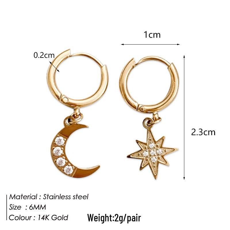 Asymmetrical Rhinestone Star and Moon Titanium Steel Earrings for Women