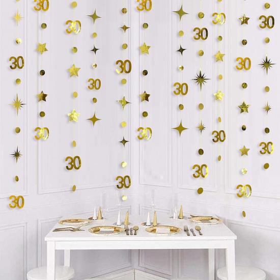Gold 30th Birthday Decorations Number 30 Circle Dot Twinkle Star Garland Metallic Hanging Streamer Bunting Banner Backdrop for Her Happy Dirty 30