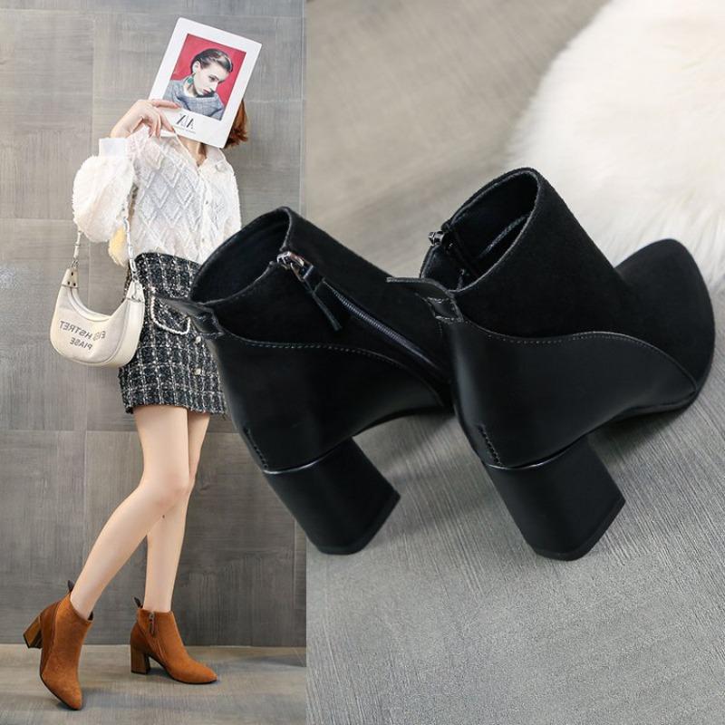 Women's Square Suede Short Boots New British Style Thick-heeled Boots Back Zipper Boots