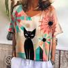 Retro T-shirt Women's V-neck Cartoon Cat Summer Casual Fashion Short Sleeve Tops Harajuku Wind T-shirt OverSize Women's Clothing