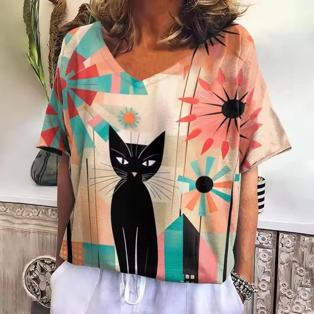 Retro T-shirt Women's V-neck Cartoon Cat Summer Casual Fashion Short Sleeve Tops Harajuku Wind T-shirt OverSize Women's Clothing
