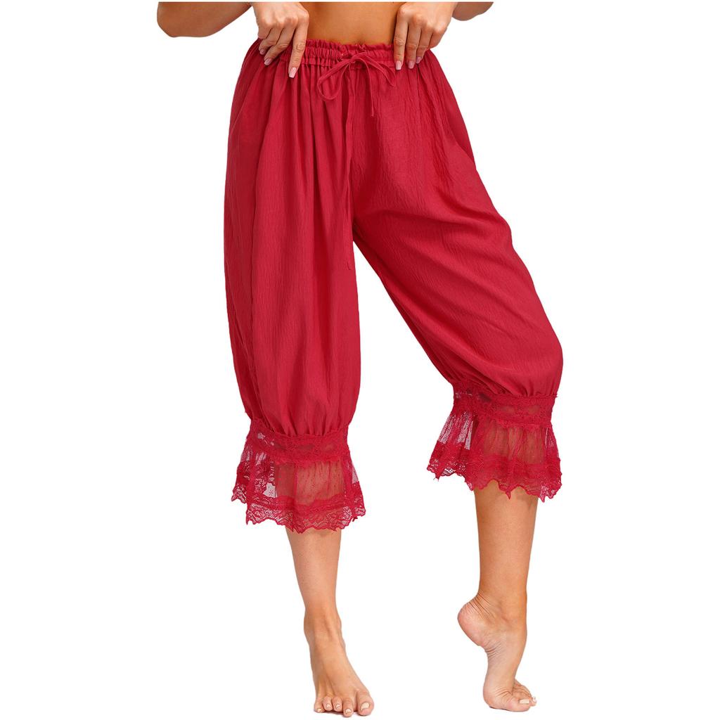 S-L Women's Lace Trim Bloomers: Versatile Midi Harem Pants with Drawstring, Loose Wear & Medieval Pirate Costume