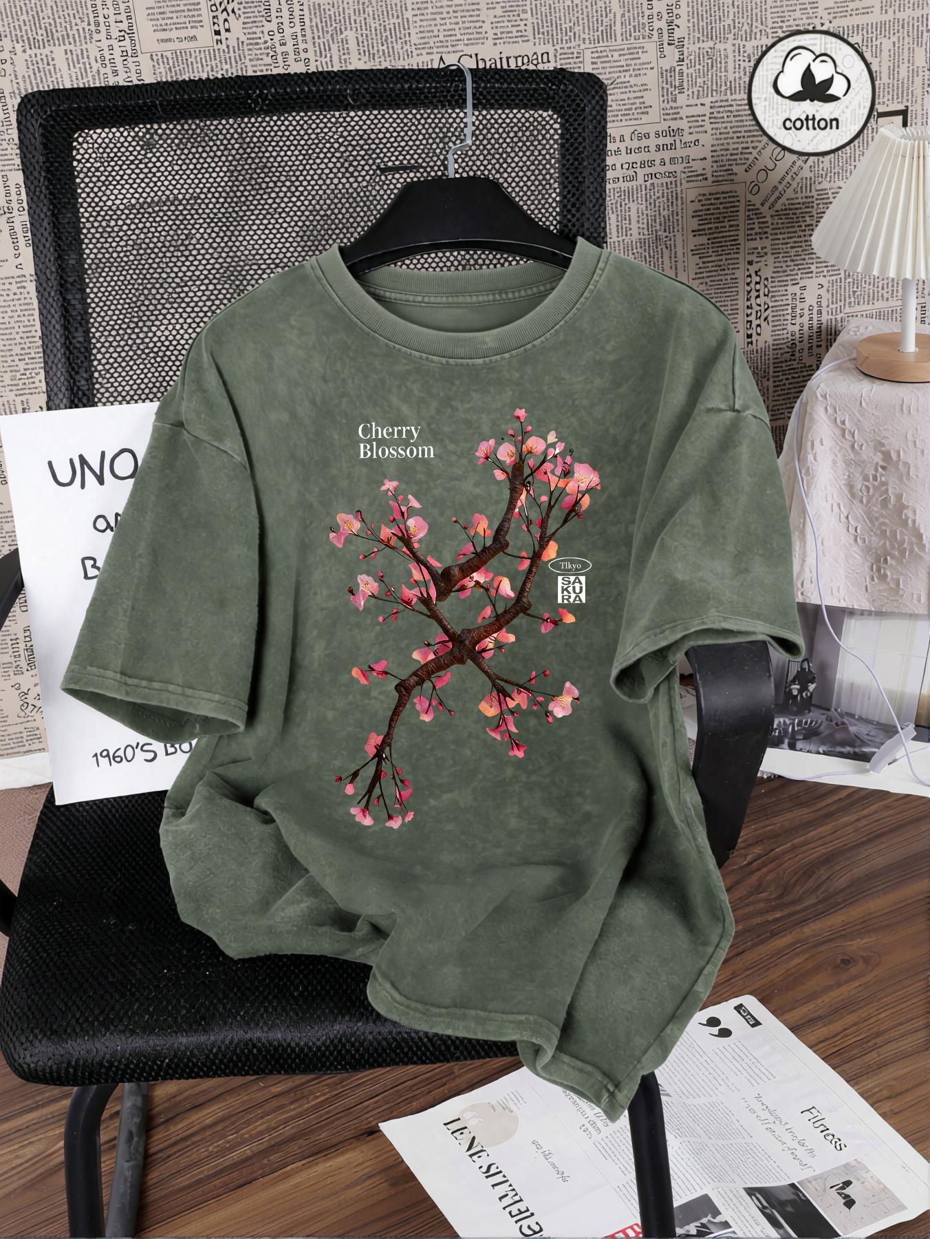 

Tokyo Harajuku Cherry Blossom Print Washed TShirts Women Cotton Casual T Shirt YK Summer Short Sleeves Oversize Crewneck Tops S