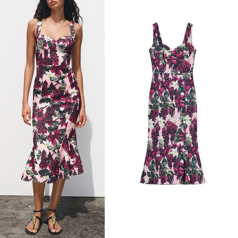 Spring and Summer New Women's Clothing Heart-Shaped Collar Wide Shoulder Strap Wavy Style Wide Swing Flower Print Dress 0085128