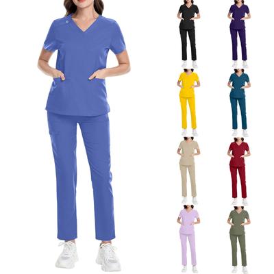 Damen Kurzarm Farb V-Ausschnitt Tasche Oberteil Hose Arbeitskleidung Zweiteiliges Set