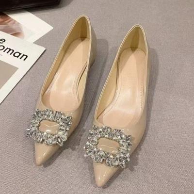 Fashion Women's Flat Shoes Spring New Pointed Head Shallow Mouth Crystal Square Buckle Soft Sole Anti-slip Wear-resistant Single Shoes