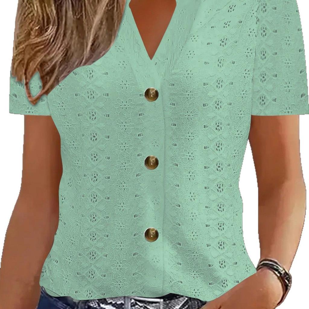 Jarní a letní móda ležérní jednobarevné knoflíkové výstřih do V krátký rukáv dámské halenky a košile