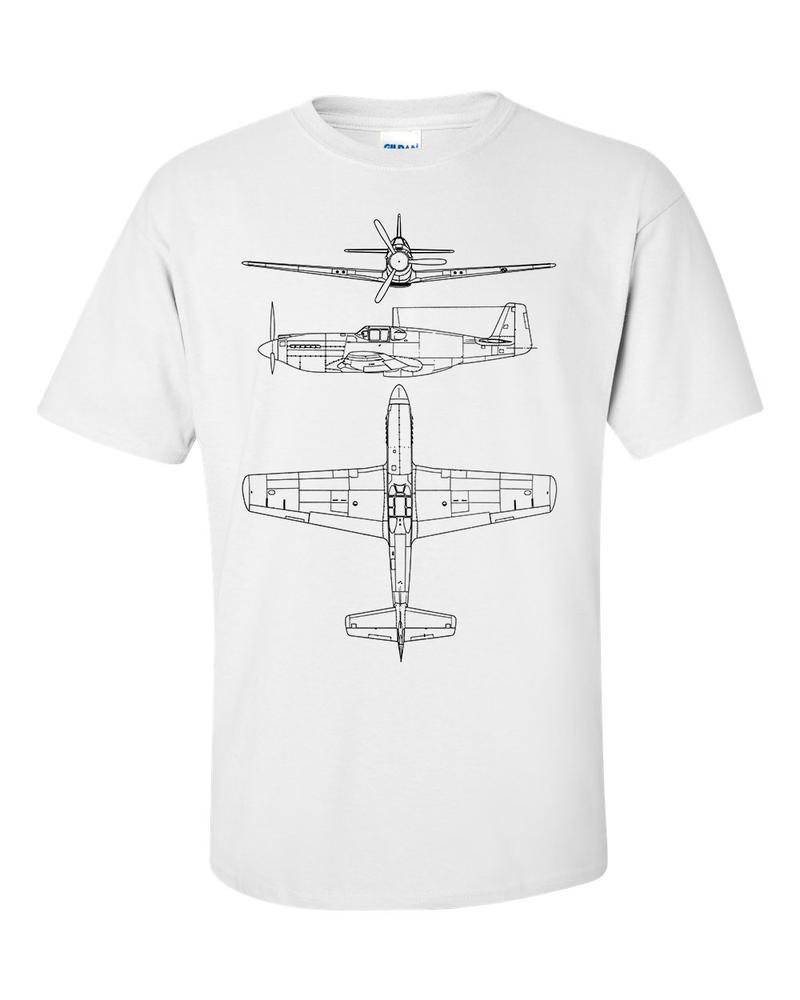 P51 Mustang Technical Drawing Blueprint USAF WW2 Fighter Aircraft TShirt 2XL