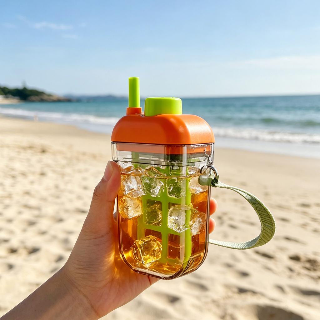 Reusable Water Bottle with BuiltIn Straw LeakProof Lid Detachable Ice Tray and Carry Handle for Outdoor and Indoor Use