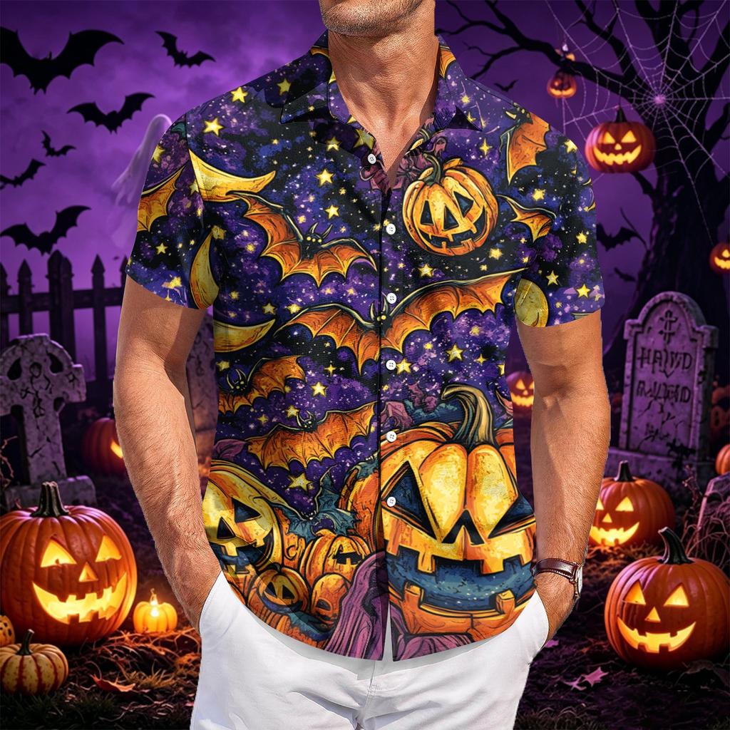 Herren Freizeit Kurzarm Hemd mit Knöpfen Halloween Motiv Fledermausmuster Leichtes Sommerhemd für Strand und Outdoor