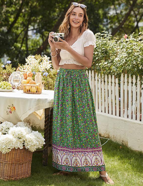 Women's 2025 Bohemian Floral Print Pleated Maxi Dress with Elastic High Waist