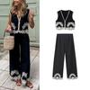 Spring New Design Sense Retro Short V-neck Embroidered Vest High Waist Wide Leg Casual Embroidered Trousers