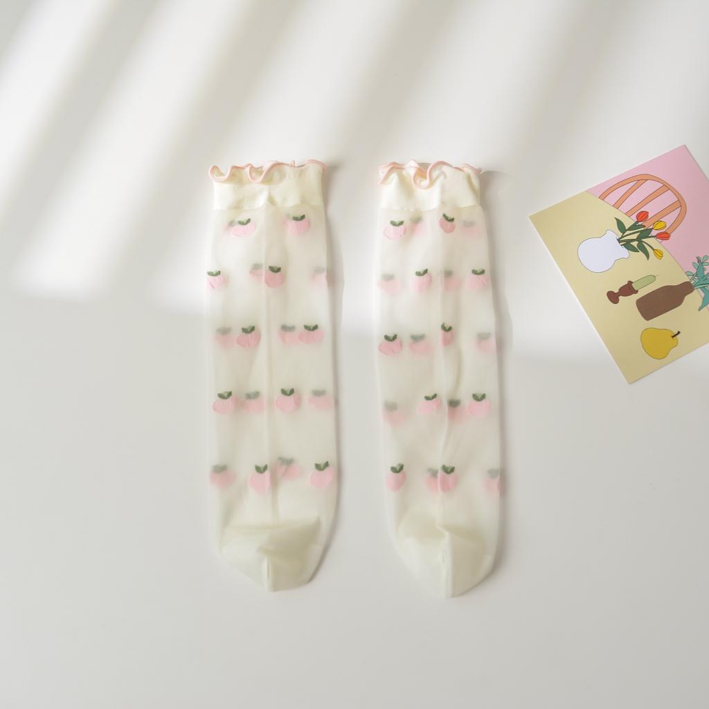 Girls Strawberry Embroidered Lace Over Knee High Socks Thin Transparent Floral Princess Kids Long Stockings