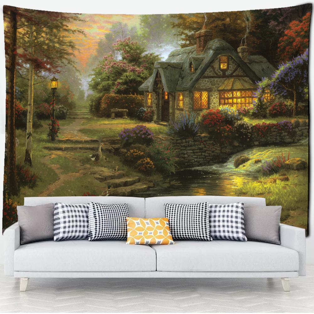 

Лесная хижина гобелен настенная картина маслом фон ткань печать психоделическое колдовство богемный декор 95x70cm