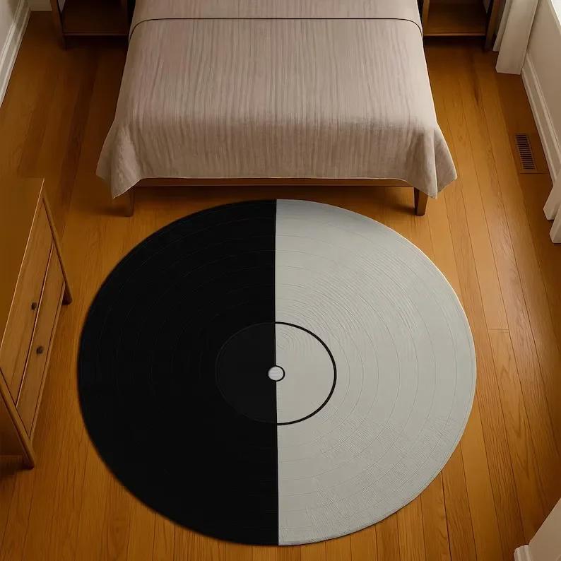 Vinyl Record Round Rug, Music Themed Black White Carpet, Soft Non-Slip Decor Mat for Living Room Bedroom